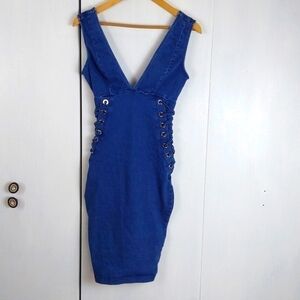 C'est Toi Denim Mini Dress Deep V Side lace up grommets Edgy sexy Sz.S